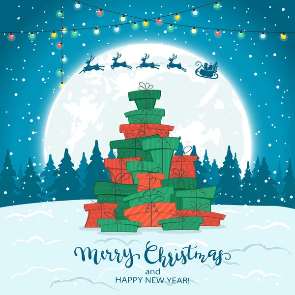 Sváteční Dekorace Vánoční Stromeček Dárků Pozadí Modré Zimní Nápisem Veselé — Stockový vektor