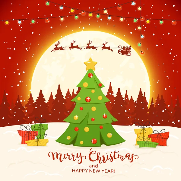 Vánoční Stromeček Dárky Pozadí Červené Zimní Nápisem Veselé Vánoce Šťastný — Stockový vektor
