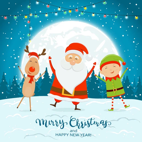 Feliz Santa Claus Elfo Renos Con Coloridas Luces Navidad Sobre — Vector de stock
