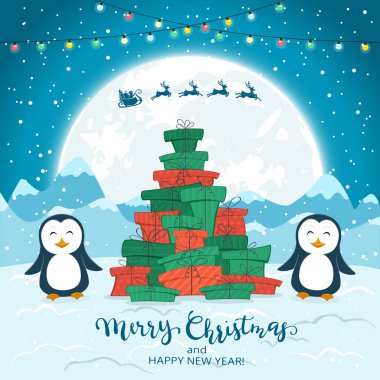 Noel ağacı mutlu penguenler ve neşeli Noel ve mutlu yeni yıl, illüstrasyon yazı ile mavi kış arka plan üzerinde uçan Santa hediyeler den.