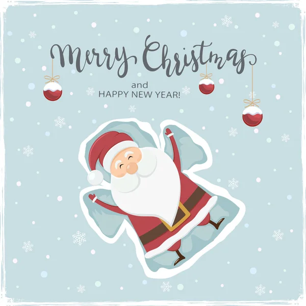 Happy Santa Claus make a snow angel. Lettering Merry Christmas with balls on snowy background, illustration.