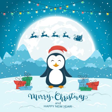 Hediyeler ve neşeli Noel ve mutlu yeni yıl, illüstrasyon yazı ile mavi kış arka plan üzerinde uçan Santa ile mutlu penguen.