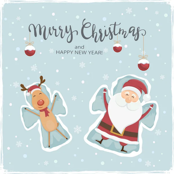 Happy Santa Claus Reindeer Make Snow Angels Lettering Merry Christmas — Stock Vector