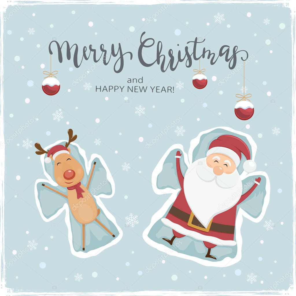 Happy Santa Claus and reindeer make a snow angels. Lettering Merry Christmas with balls on snowy background, illustration.