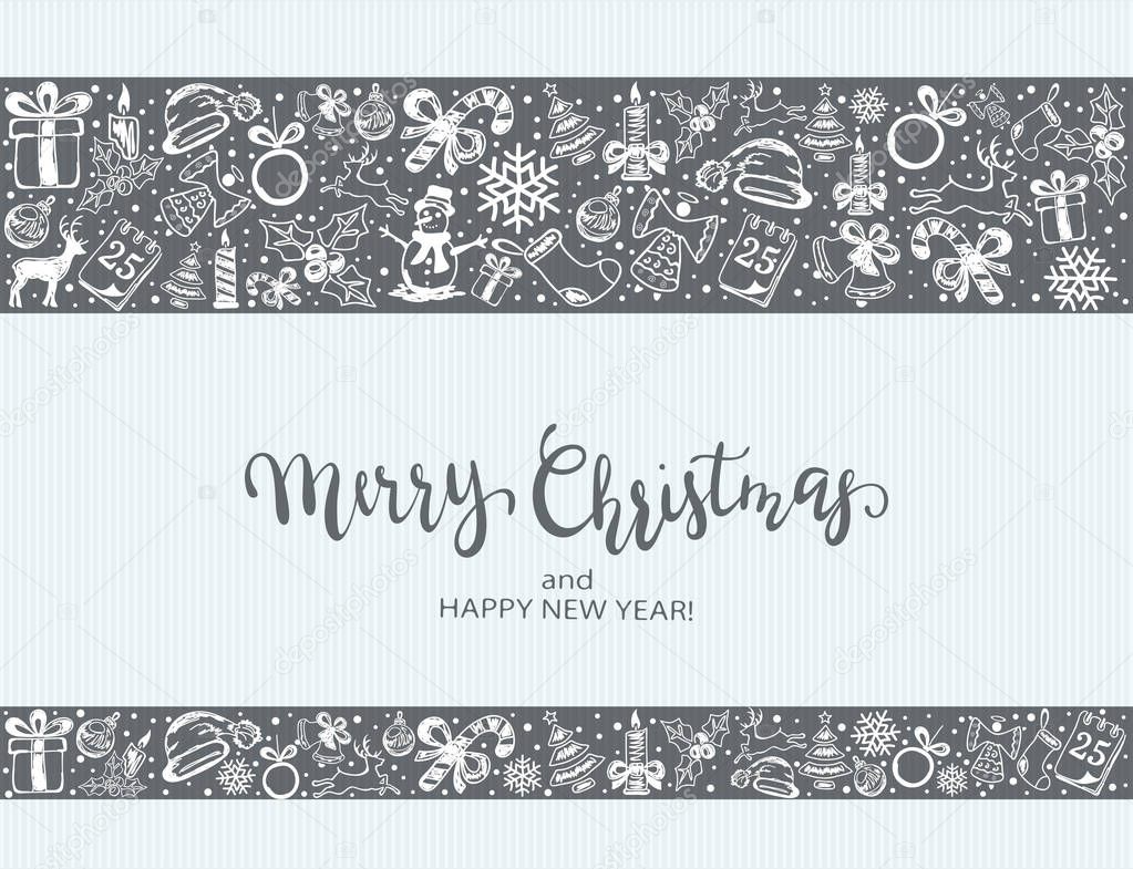 Merry Christmas with decorative elements on a blue background. Holiday card with lettering and decoration, illustration.