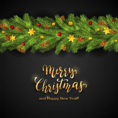 Tatil dekorasyon Noel yıldız, topları ve FIR ağaç dalları siyah arka plan üzerine. Altın harflerle neşeli Noel ve mutlu yeni yıl, illüstrasyon.