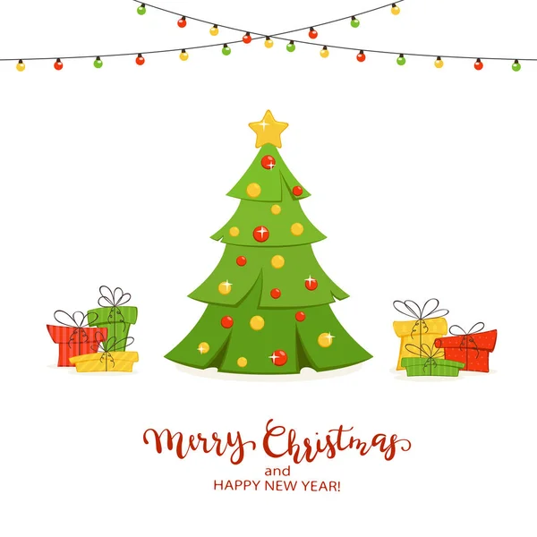 ホリデー カード ボール クリスマス イルミネーション メリー クリスマスと幸せな新年の図をレタリングと白い背景で隔離のギフトとモミの木 — ストックベクタ