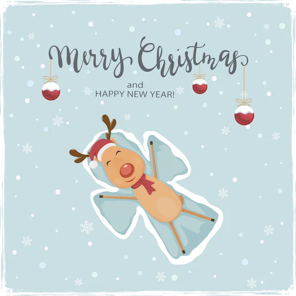 Happy Reindeer Santa Hat Make Snow Angels Lettering Merry Christmas — Stock Vector
