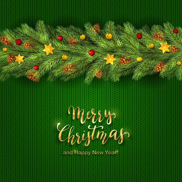 クリスマス ボール 星や緑背景を編み物にモミの木の枝と休日の装飾 メリー クリスマスと幸せな新年の図をレタリング ゴールデン — ストックベクタ