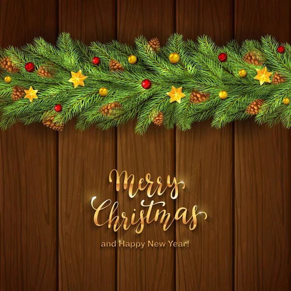 假日装饰与圣诞节星 球和冷杉树枝在木背景 金色的字母快乐圣诞快乐 新年快乐 — 图库矢量图片