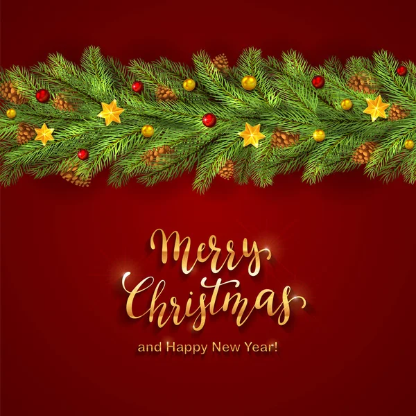 假日装饰与圣诞节星 球和冷杉树枝在红色背景 金色的字母快乐圣诞快乐 新年快乐 — 图库矢量图片