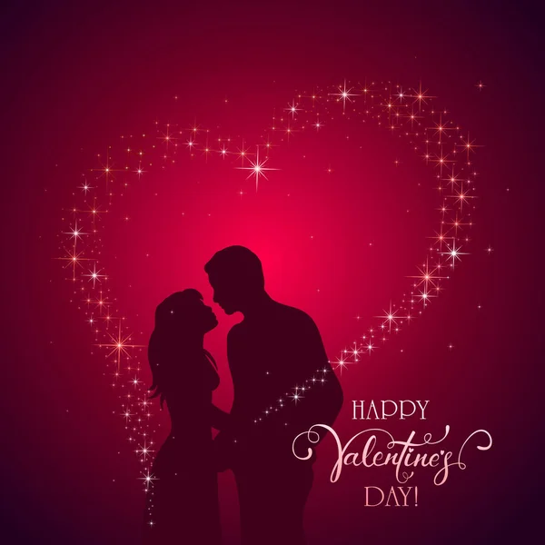 Corazón Brillante Silueta Pareja Sobre Fondo Rosa San Valentín Ilustración — Vector de stock