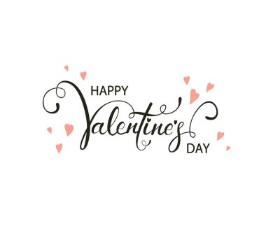 Black lettering Happy Valentines Day with pink hearts on white background, illustration.