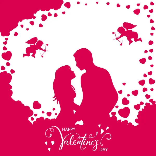 Pink Abstract Background Loving Couple Valentines Hearts Cupids Illustration — Stock Vector