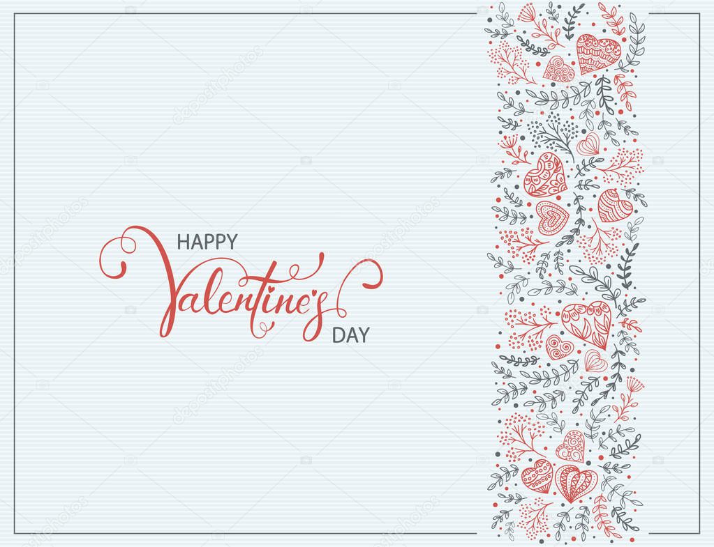 Floral elements with red decorative hearts and lettering Happy Valentines Day on blue background, illustration.