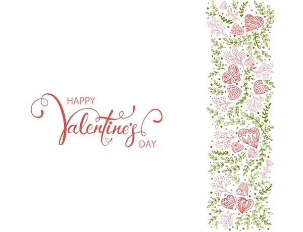 Green Floral Elements Red Decorative Hearts Lettering Happy Valentines Day — Stock Vector