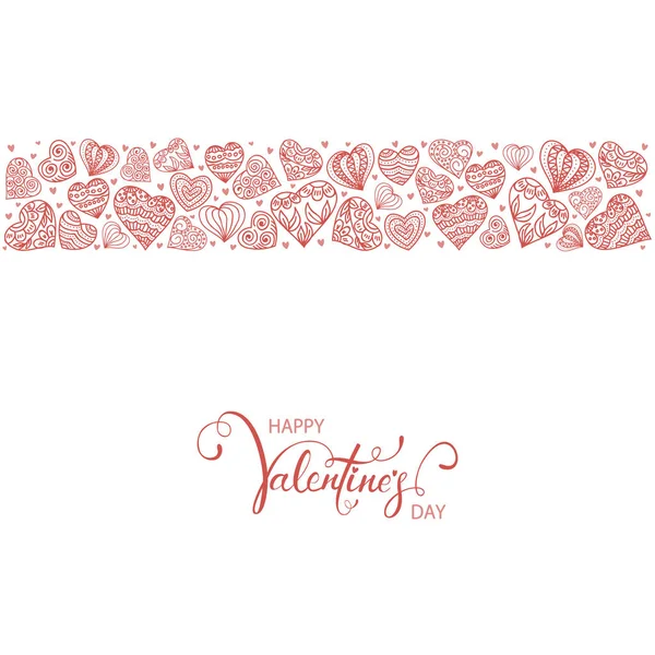 白い背景 イラストの分離された赤い装飾的な心と幸福なバレンタインデーをレタリング — ストックベクタ