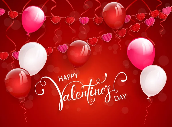 Text Happy Valentine Day Red Background Flying Balloons Pennants Form — Stock Vector