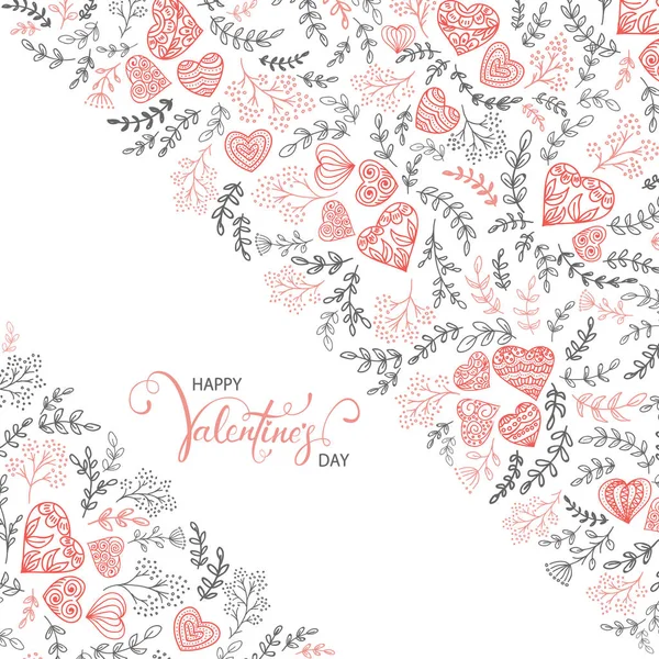 Floral Elements Red Decorative Hearts Lettering Happy Valentine Day White — Stock Vector