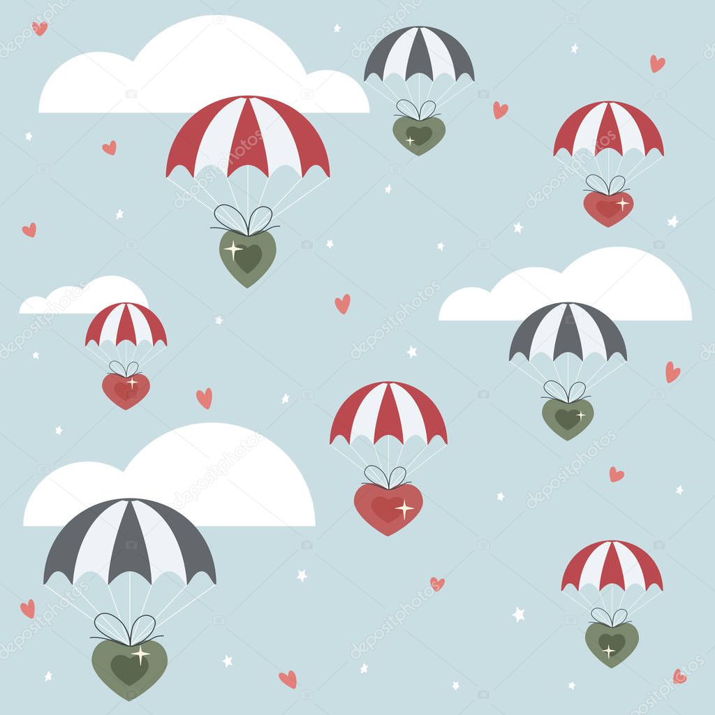 Holiday background. Valentines hearts flying on parachutes in the sky, illustration.