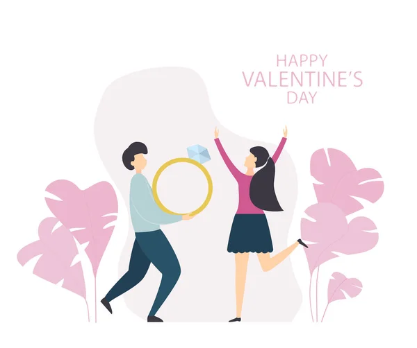 Saint Valentin Heureux Couple Femme Homme Avec Anneau Géant Plantes — Image vectorielle