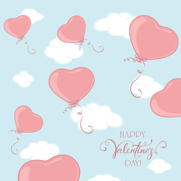 Red Valentine Balloons Form Heart Blue Sky Background Lettering Happy — Stock Vector