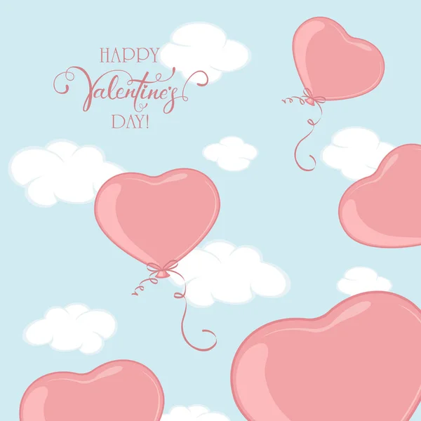 Pink Valentine Balloons Form Heart Blue Sky Background Lettering Happy — Stock Vector