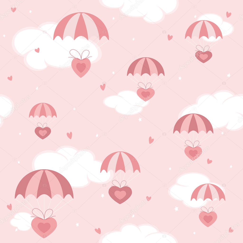 Pink Seamless holiday background. Valentines hearts flying on parachutes in the sky, illustration.