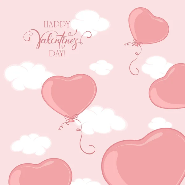 Pink Valentine Balloons Form Heart Sky Background Lettering Happy Valentines — Stock Vector