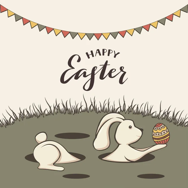 Rabbit in a hole, holding a colored egg, hanging pennants and lettering Happy Easter, illustration.