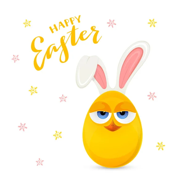 Yellow chicken in the form of egg with rabbit ears and holiday lettering Happy Easter with flowers on white background, illustration.