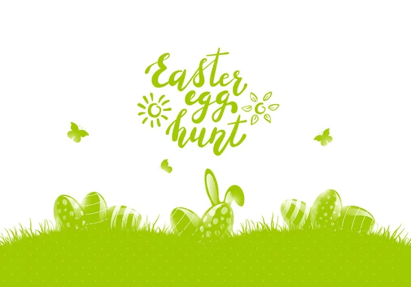 Green Background Easter Eggs Grass Rabbit Ears Holiday Lettering Happy — Stock Vector