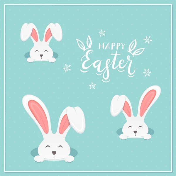 Konijn Hoofden Het Gat Happy Easter Belettering Een Blauwe Achtergrond — Stockvector