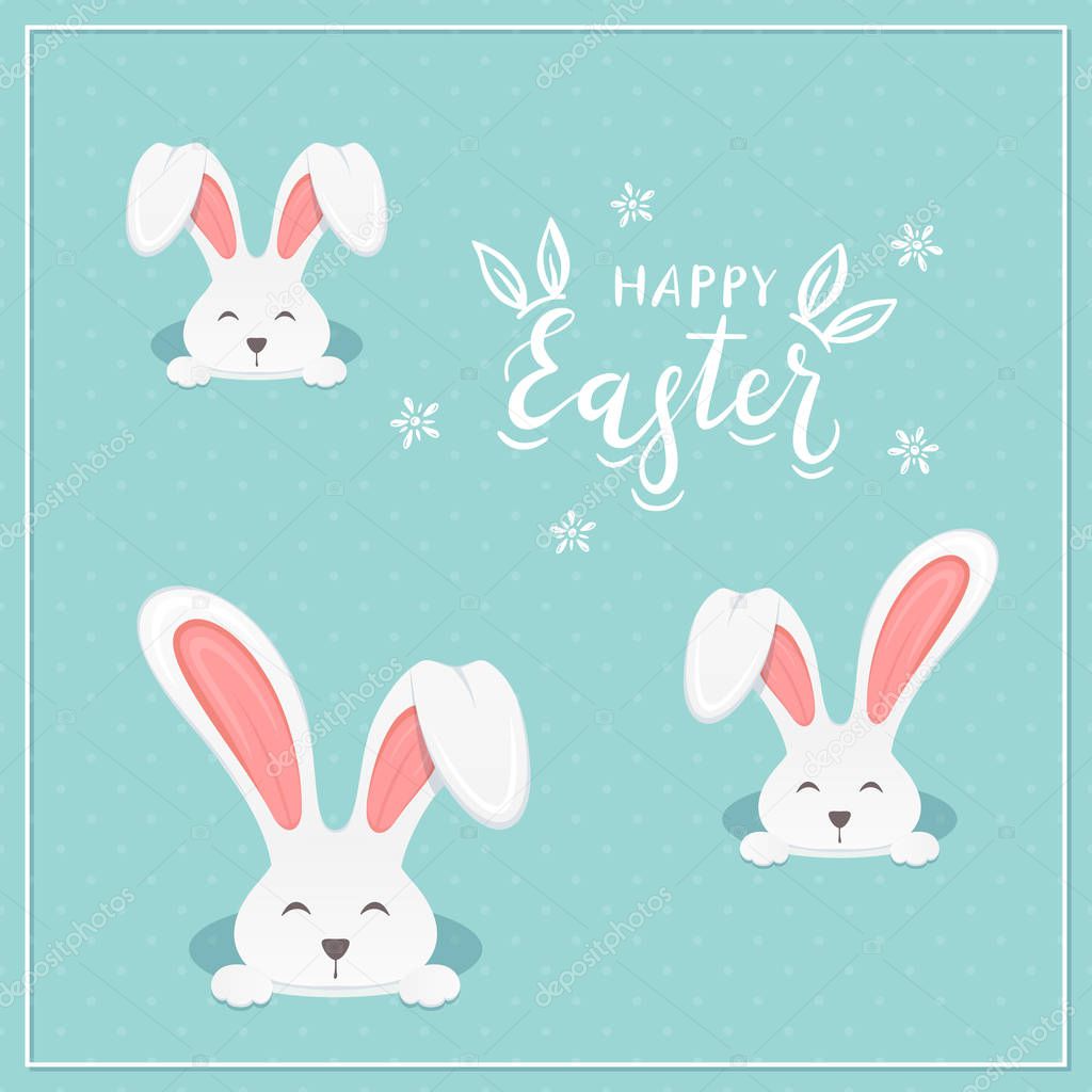 Rabbit heads in the hole and lettering Happy Easter on a blue background, illustration.