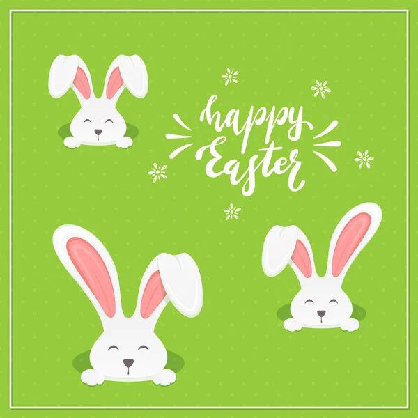 Rabbit Heads Hole Lettering Happy Easter Green Background Illustration — Stock Vector