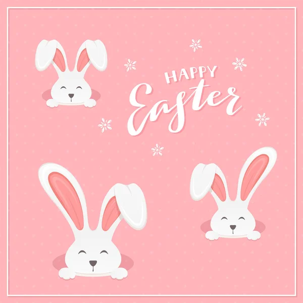 Rabbit Heads Hole Lettering Happy Easter Pink Background Illustration — Stock Vector