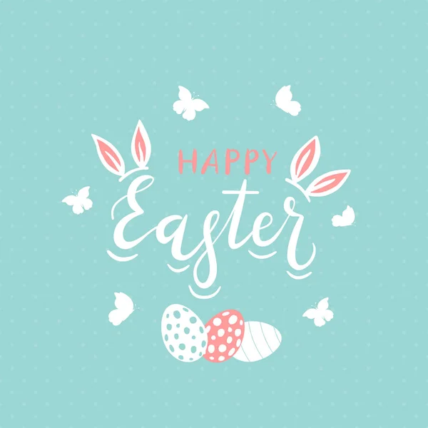 Dovolená Nápisy Veselé Velikonoce Králičí Uši Malovaná Vajíčka Motýli Ilustrace — Stockový vektor