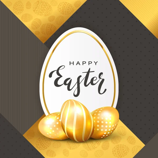 Three Golden Easter Eggs Holiday Card Lettering Happy Easter Gold — Stock Vector