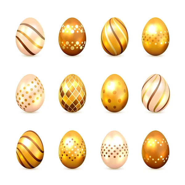 Set Goldener Ostereier Mit Dekorativen Mustern Auf Weißem Hintergrund Urlaub — Stockvektor