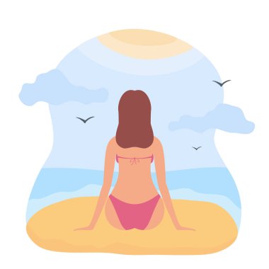 Kırmızı bikini plaj güneşlenme güzel kız. Kum üzerine oturan ve seyir deniz ya da okyanus, illüstrasyon güzel kadın.