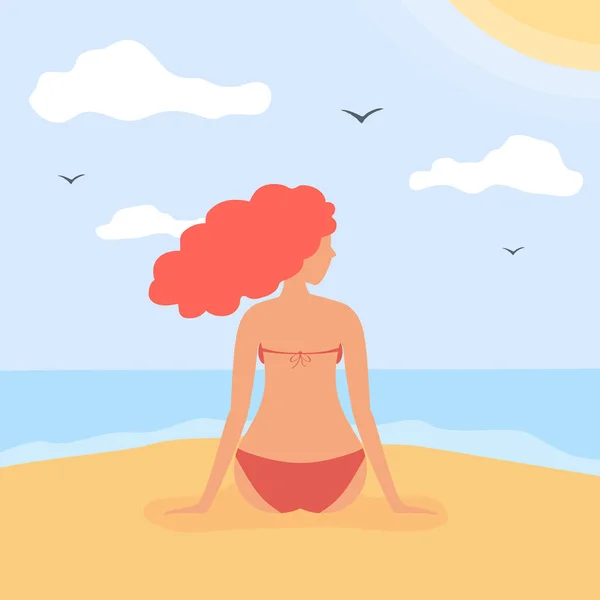 Güzel Kız Kızıl Saçlı Bikinili Kumsalda Güneşlenmek Kum Üzerine Oturan — Stok Vektör