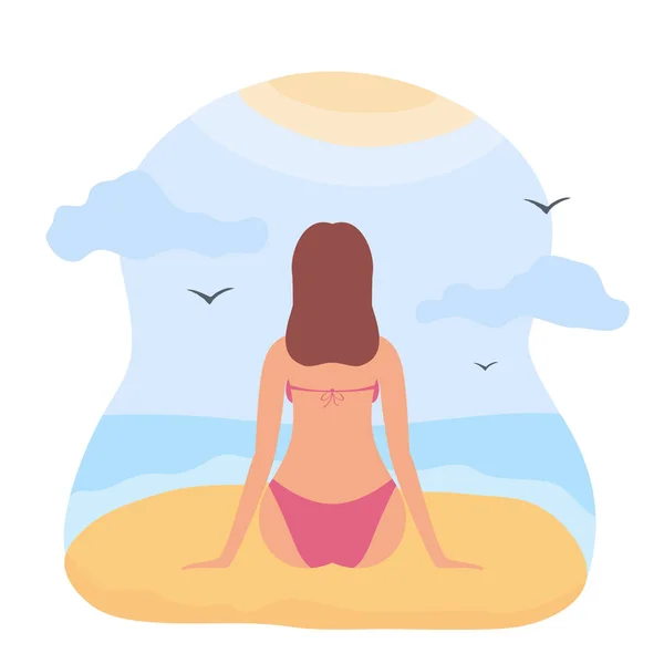 Beautiful Girl Sunbathing Beach Red Bikini Pretty Woman Sitting Sand — Stock Vector