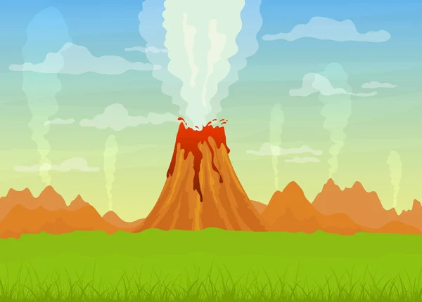 Paisaje Prehistórico Dibujos Animados Con Volcán Activo Lava Erupción Nubes — Vector de stock