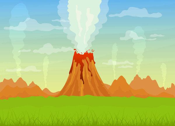 Cartoon prehistoric landscape with active volcano and erupting lava. Clouds in the sky, mountains and green field, illustration.