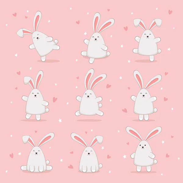 Set van Happy Easter konijnen op roze achtergrond — Stockvector