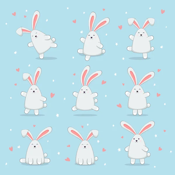 Set of Happy Easter Rabbits on Blue Background — Stock Vector