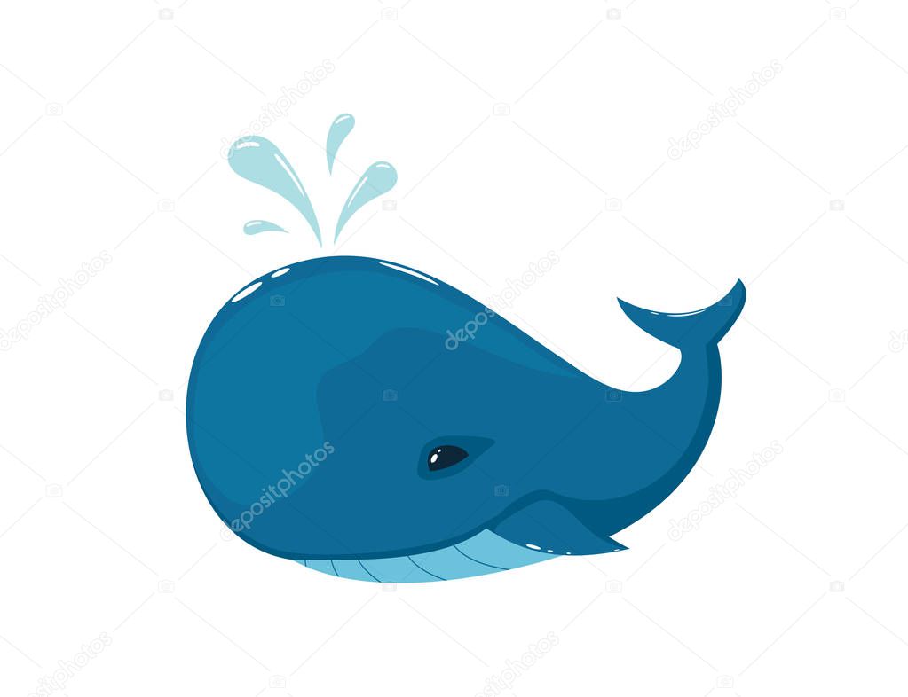 Blue whale isolated on white background. Icon of cute marine animal, illustration.