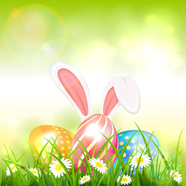 Green Easter Background with Eggs in Grass and Rabbit — Stock Vector