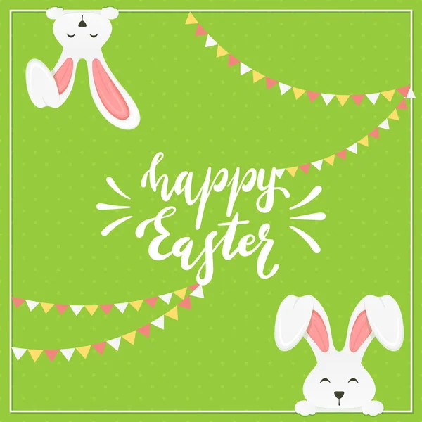 Easter Rabbits with Pennants on Green Background — Stock Vector