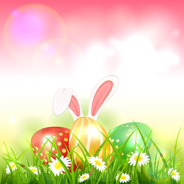 Fundo de Páscoa rosa com ovos em grama e coelho — Vetor de Stock